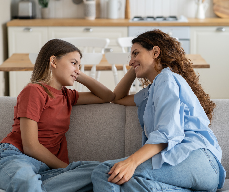 talking with teenager on couch in calm state